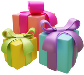 3D rendering gift boxes with colourful bows for birthday and Christmas party illustration