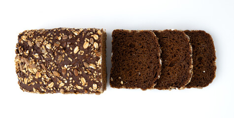chopped rye bread on white background, top view