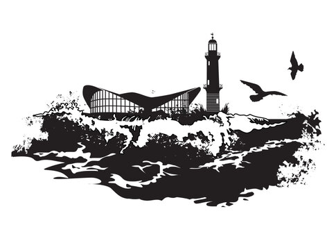 st&uuml;rmische Ostsee vor Warnem&uuml;nde mit Teepott und Leuchtturm als Vektoren