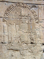 Human head bird body representing an ancient Egyptian mythological god carved on the wall of the Kom Ombo temple near Aswan.