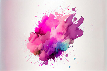 Multicolored watercolor stain and paint splatter, iridescent pink background, design element drawing with place for text, template. Generative AI