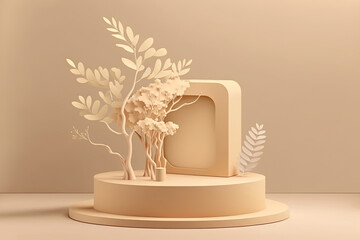3D display podium, beige background, leafs and branches