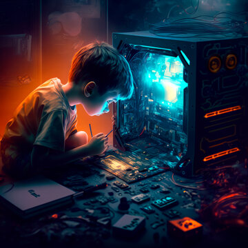 Young Boy Repairing A Sophisticated Computer - Generative AI