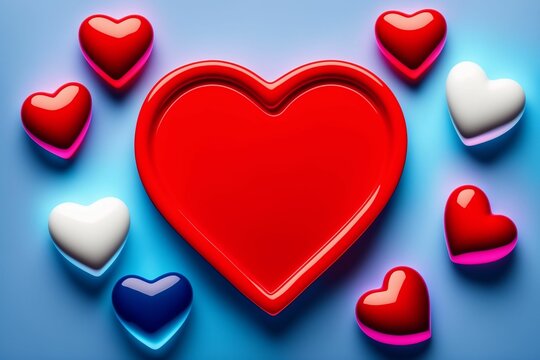 Saint Valentine day greeting with love message. Hearts on blue background top view.