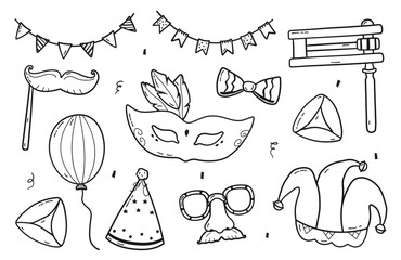 Purim hand drawn elements set. Vector collection of holiday carnival masks, gragger, Hamantaschen cookies, jester hat, balloon, bow, confetti, party hat and garland in doodle style - obrazy, fototapety, plakaty