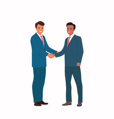 Men in full height shake hands. Male handshake of business partners. Vector cartoon flat style illustration
