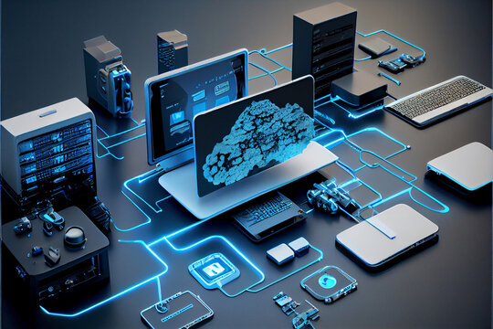 Cloud technology, computing. Devices connected to digital storage in the data center via the Internet, IOT, Smart Home Communication laptop, tablet, phone home devices with an online. Generative AI