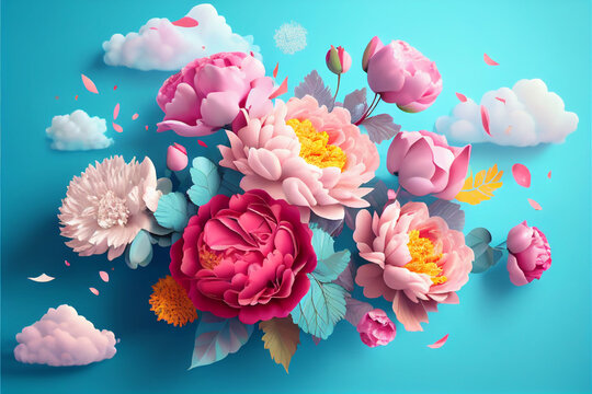 Bouquet of spring flowers peonies and roses against a blue sky with clouds in the air, pastel pink colors, wedding concept, mother's day, space for text, vintage style. Generative AI