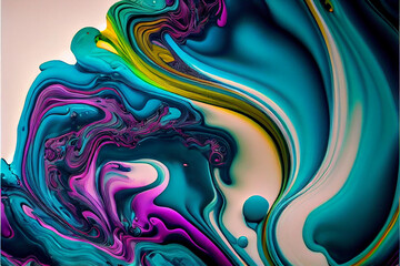 Abstract liquid art background painting in alcohol ink technique, a mixture of magenta, violet and blue paint. Transparent ink overlays create glowing elements and gradients. Generative AI