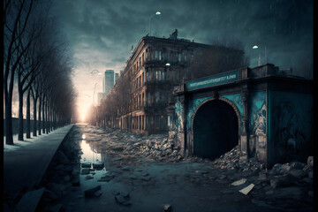Abandoned Berlin City in the future. Empty roads and a dystopian atmosphere in a post-apocalyptic        Germany - Generative AI