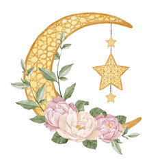 Ramadan Floral Moon With Islamic Star. Spring flowers. Rose. Peony. Leaves. Eucalyptus. Ramadan Watercolor Clipart. Muslim Moon. Arabic Holiday