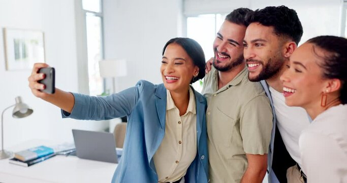 Selfie, office team and group of people in social media post, online networking update and happy diversity. Workplace inclusion, excited influencer or gen z employees or worker in profile picture
