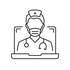 Online Digital Medicine Line Icon. Doctor in Computer Medical Health Care Online Linear Pictogram. Virtual Medicine Service Outline Icon. Telemedicine. Editable Stroke. Isolated Vector Illustration