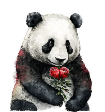 Valentine's Day Cute panda isolated on white background. Bear. Watercolor. Illustration. Clip art. Hand-painted. Generative AI