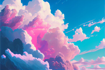 Large clouds of pink and blue in the sky, sunset colors, dreams and fantasy. Generative AI