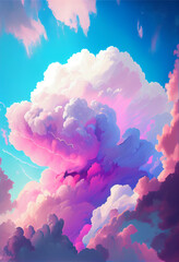 Large clouds of pink and blue in the sky, sunset colors, dreams and fantasy. Generative AI
