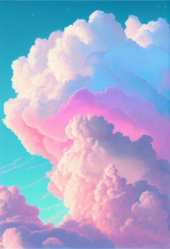 Large clouds of pink and blue in the sky, sunset colors, dreams and fantasies, pastel delicate colors. Generative AI
