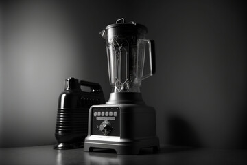  a blender sitting next to a mixer on a counter top in a black and white photo with a black mixer in the foreground.  generative ai