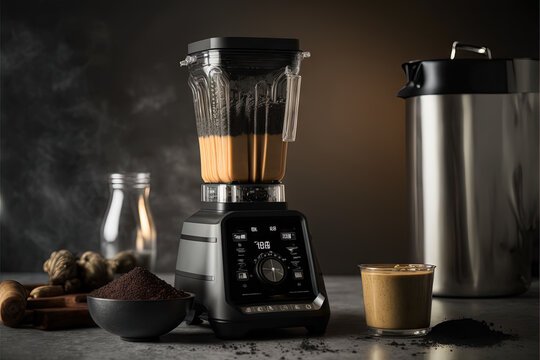  a blender sitting on top of a counter next to a cup of coffee and a blender filled with brown liquid and spices next to a blender.  generative ai