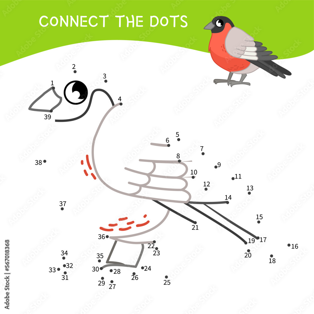 Poster educational game for kids. dot to dot game for children. vector illustration of a cute bullfinch.