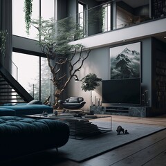 Dark gray modern style living room with navy blue corner sofa, large TV and many windows through which daylight falls illuminating the room