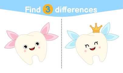 Find differences.  Educational game for children. Cartoon vector illustration of cute tooth with wings and crown.
