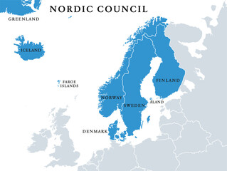 Nordic Council members, political map. Cooperation among the Nordic states Denmark, Finland, Iceland, Norway and Sweden, the autonomous territories Faroe Islands and Greenland, and the region Aland. - obrazy, fototapety, plakaty