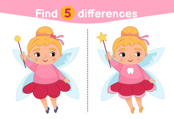 Find differences.  Educational game for children. Cartoon vector illustration of cute tooth fairy with a magic wand in her hands.
