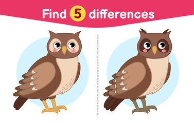 Find differences.  Educational game for children. Cartoon vector illustration of cute owl.
