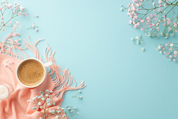 Hello spring concept. Top view photo of mug of frothy drinking small candle pink gypsophila flowers and soft scarf on isolated pastel blue background with empty space