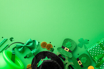 Saint Patrick's Day concept. Top view photo of leprechaun hat green giftbox pot gold coins bow-tie...