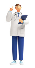 3d render, doctor cartoon character standing with finger pointing up, holding clipboard. Confident friendly therapist. Medical idea clip art.