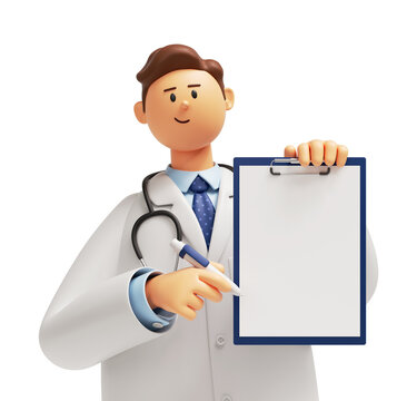 3d Render, Doctor Cartoon Character Standing, Holding Clipboard With Blank Page Mockup. Friendly Professional Therapist. Health Check Up Concept.