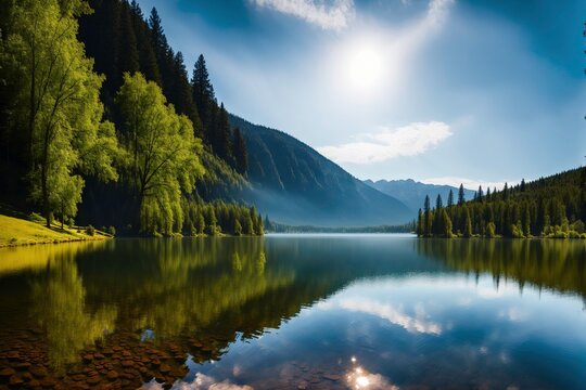 Photo of majestic lake in summer landscape with reflections and mountains in the background