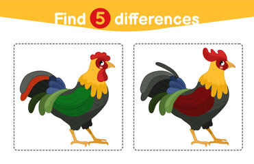 Find differences.  Educational game for children. Cartoon vector illustration of cute rooster.