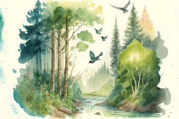 AI generated watercolor picture of a forest landscape in in sommer with birds and butterflies. 