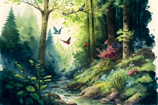 AI generated watercolor picture of a forest landscape in in sommer with birds and butterflies. 