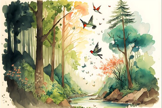 AI generated watercolor picture of a forest landscape in in sommer with birds and butterflies. 
