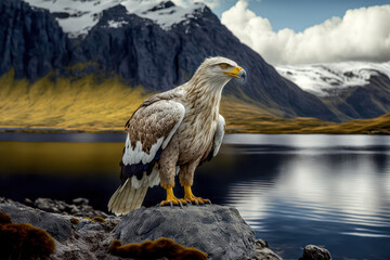 Fototapeta premium Raubvogel Adler am See in den Bergen Natur Mountain Eagle Digital Art Hintergrund Background Cover Illustration Generative AI