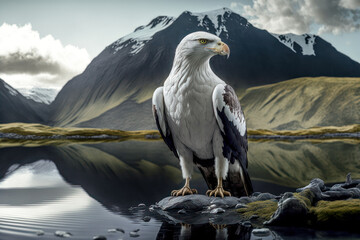 Raubvogel Adler am See in den Bergen Natur Mountain Eagle Digital Art Hintergrund Background Cover Illustration Generative AI