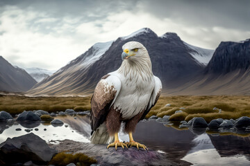 Raubvogel Adler am See in den Bergen Natur Mountain Eagle Digital Art Hintergrund Background Cover Illustration Generative AI