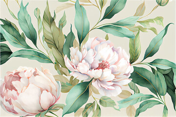 Soft pastel floral pattern with peonies in pink and green with a vintage oriental feel, generative AI