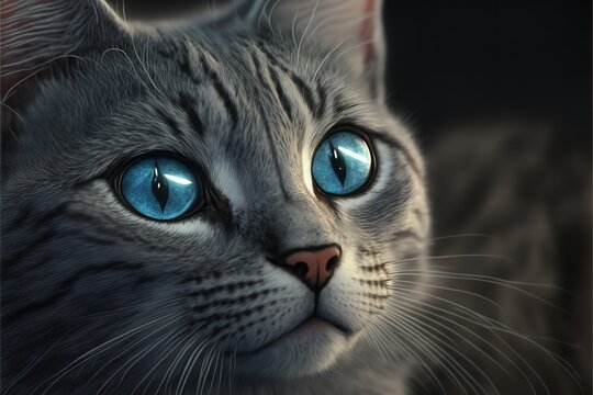 A close-up of a lovely cat with a gray tabby and blue eyes. pets and a way of life On a gray backdrop, a lovely fluffy kitty. Generative Ai.