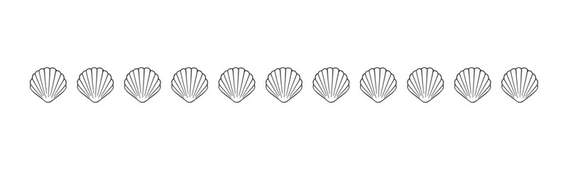 Seashells scallop border divider outline. Sea and ocean design template. Vector illustration summer or beach party, advertising design