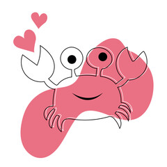 Linear drawing of a crab with a heart. Line art illustration.