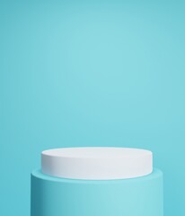 3D blue room with a white realistic stand or podium. Pastel minimal scene for product display presentation. Suitable for product showcase.