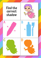 Find the correct shadow. Education developing worksheet for kids. Puzzle game. Activity page. cartoon character. Vector illustration.