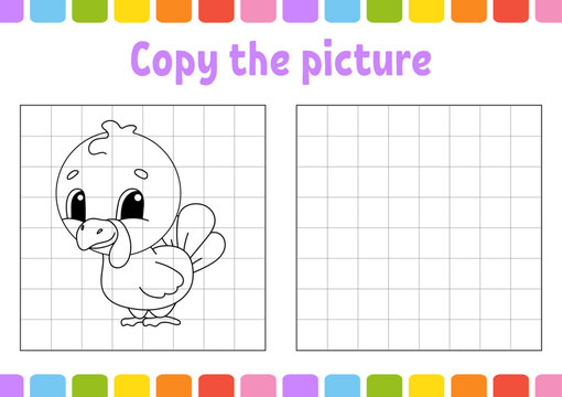 Copy the picture. Coloring book pages for kids. Education developing worksheet. Game for children. Handwriting practice. Funny character. Vector illustration.
