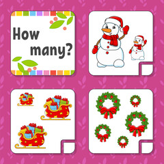 Counting game for children. Happy characters. Learning mathematics. How many object in the picture. Education worksheet. Christmas theme. Isolated vector illustration in cute cartoon style.