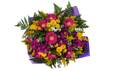 Top view Colorful spring flower bouquet isolated on transparent